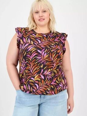 Democracy Flutter Sleeve Shell Top -Pink & Orange Leaf Print